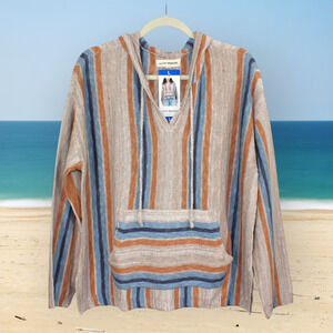NEW (L) LuckyBrand Baja Hoodie DrugRug Lightweight Tan Blue Stripe FREE SHIPPING